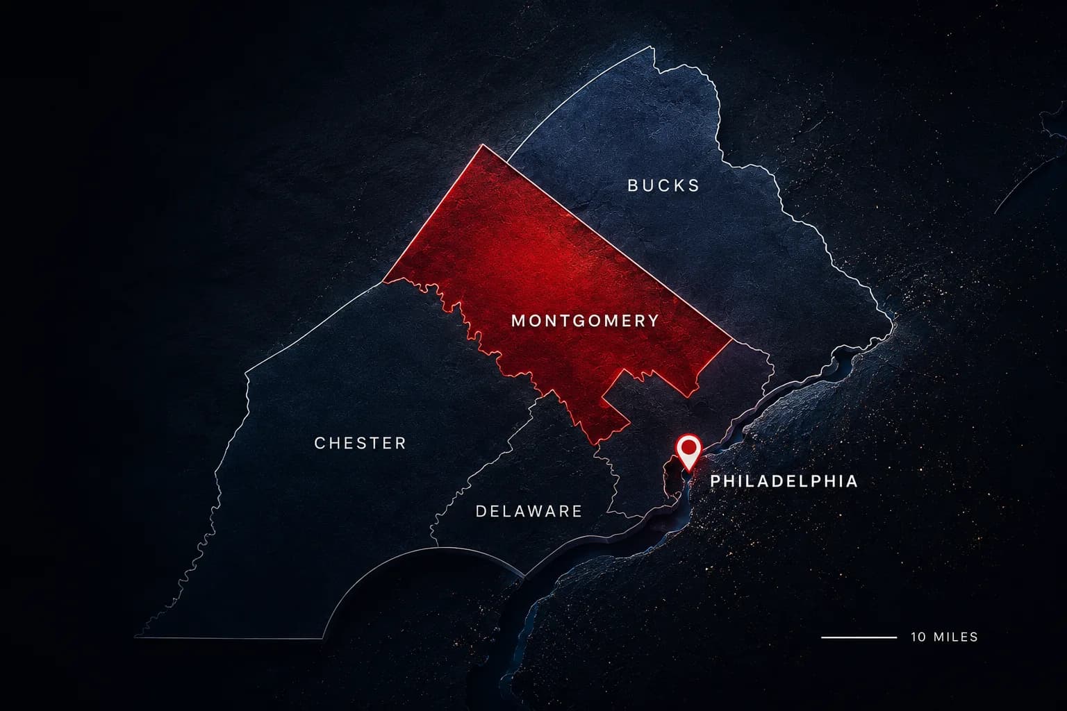 Map of the service area covering Philadelphia, Montgomery, Delaware, Bucks, Chester counties in southeastern Pennsylvania, centered on Philadelphia